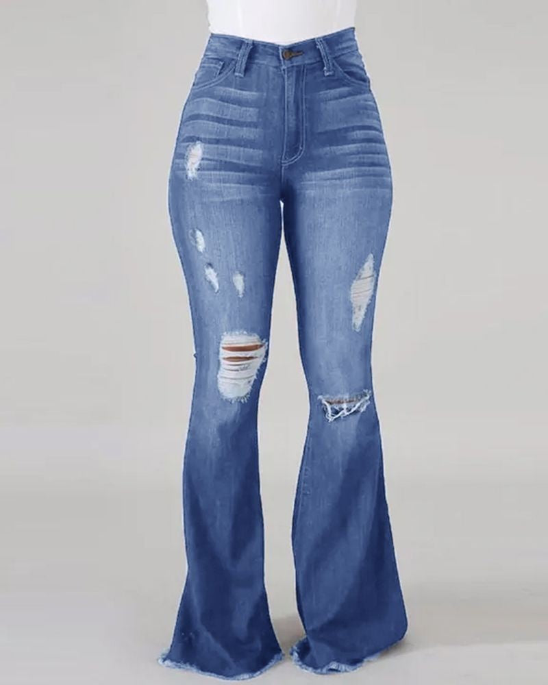 Denim Women's Pants High-stretch Ripped Jeans High-waisted Flared Trousers for Women