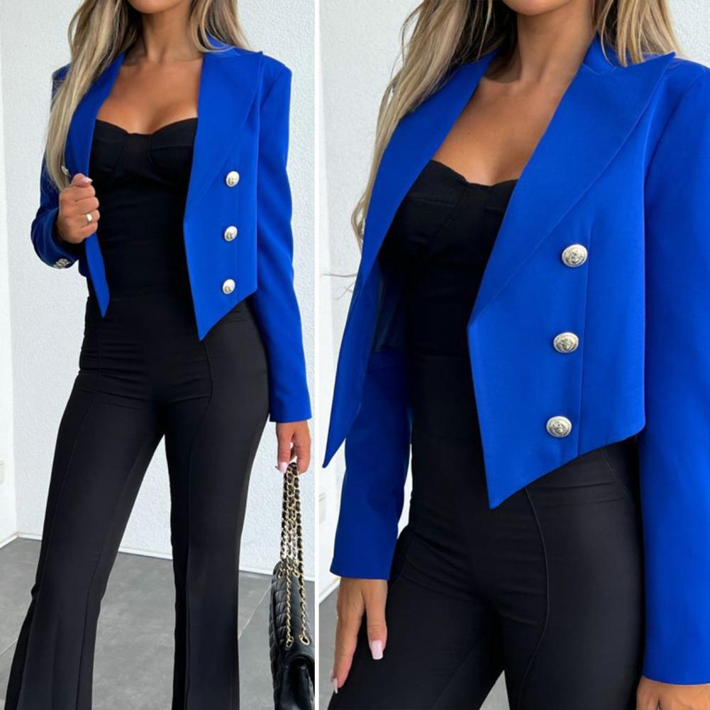 Stylish Women's Blazer with Double-Breasted Placket Lapel Short Solid Color Suit Jacket for Office Ladies Fashion