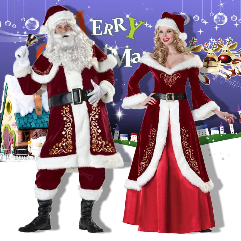 Christmas Santa Claus Costume Red Velvet Lady Elegant Long Dress Xmas For Man Woman