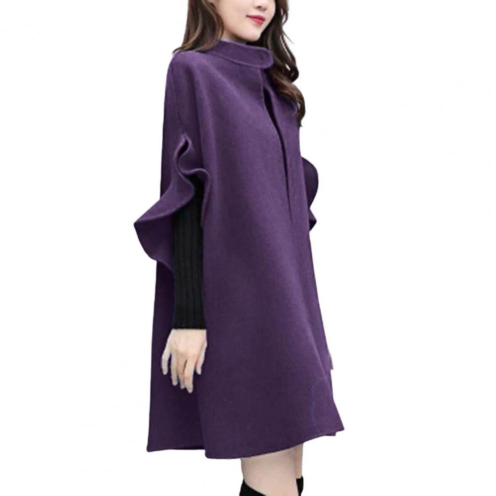 Women Winter Coat Solid Color Formal Elegant Big Hem Midi Length Long Sleeves Cardigan Stand Collar Lady Cloak Coat for Dating