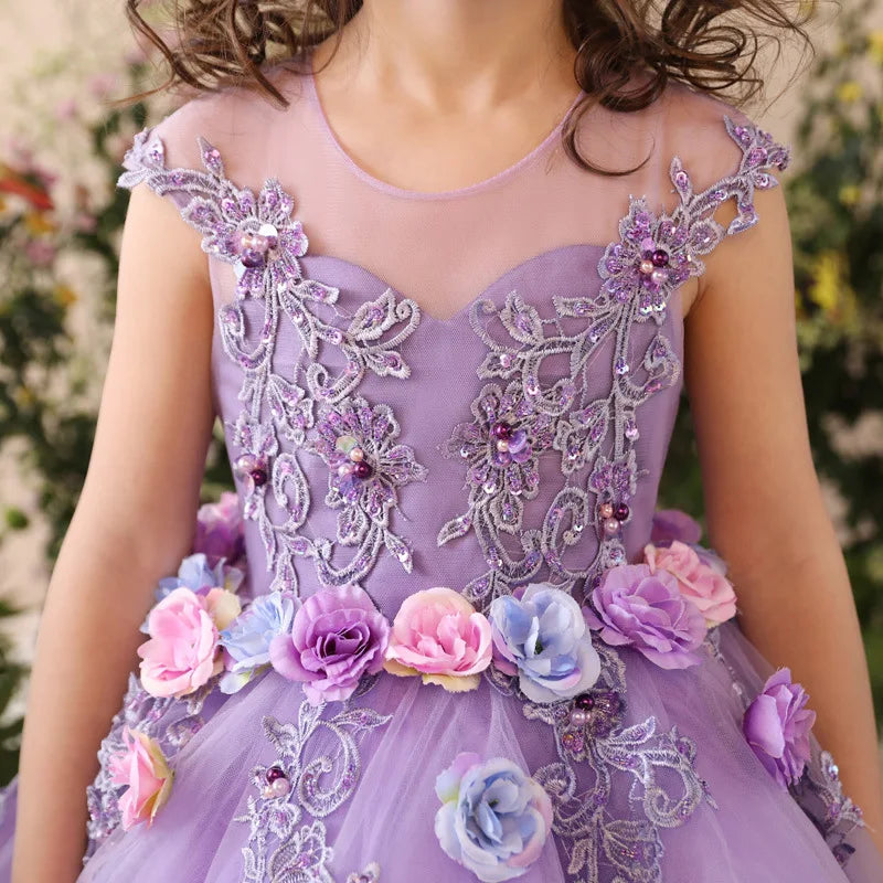 Girls Prom Elegant Dress Tulle robe de Princess Tutu Piano Costume Purple Birthday Party