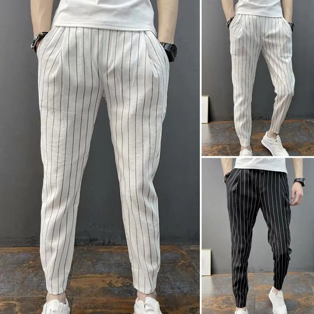 Men Harem Pants Striped Drawstring Elastic Waist Slim Fit Streetwear