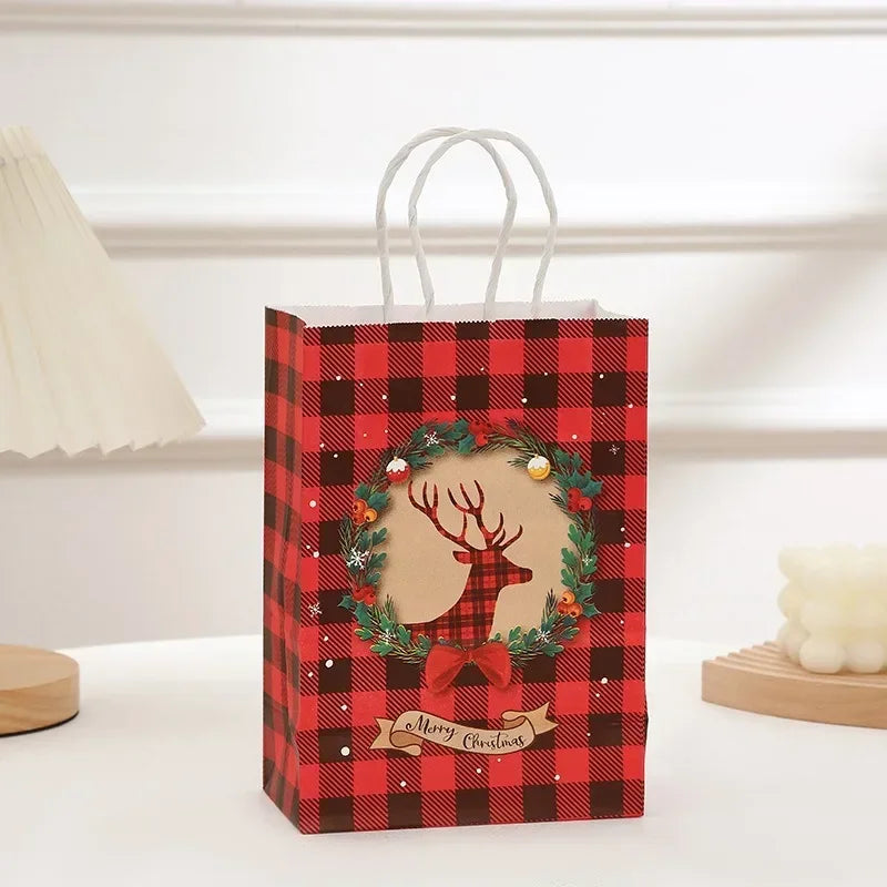 Christmas Kraft Paper Retro Grid Handheld Bag Santa Claus Gifts Box Party