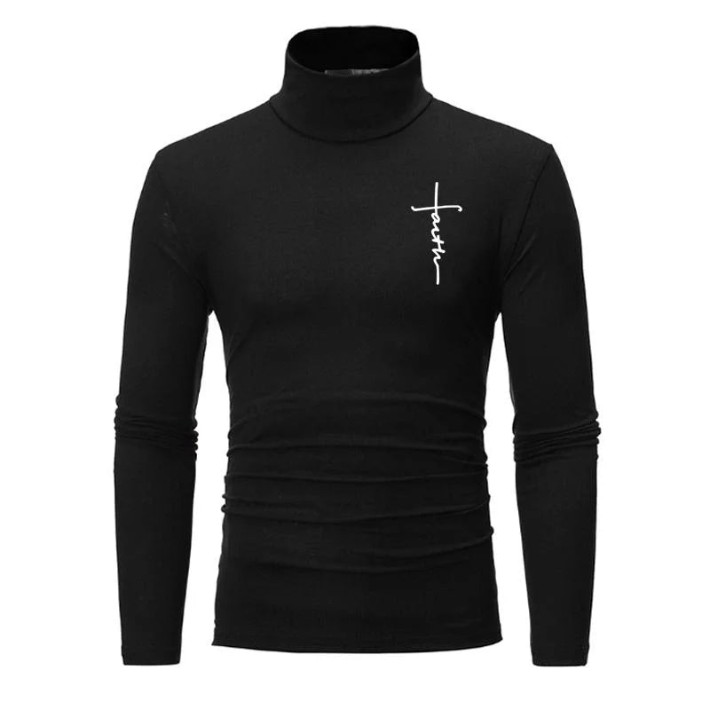 New Fashion Mens High Collar Long Sleeve T Shirt, Men's Fitness Workout Shirt Gym Training Tops Muscle Tees, Faith Graphic Tee