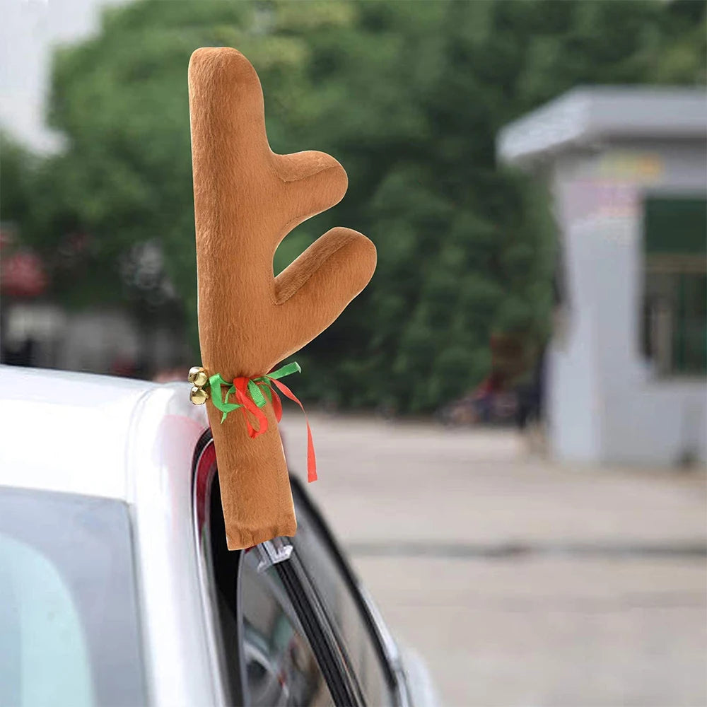 Christmas Reindeer Car Vehicle Nose Horn Costume Set Rudolf Xmas Reindeer Antlers Red Nose Ornaments Elk Car Decoration Kit