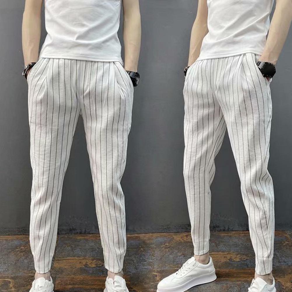 Men Harem Pants Striped Drawstring Elastic Waist Slim Fit Streetwear