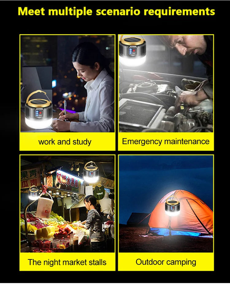 Waterproof Solar LED Camping Light Rechargeable Tent Lamp Portable Lanterns Outdoor Emergency Lights Market Energy Saving Bulb