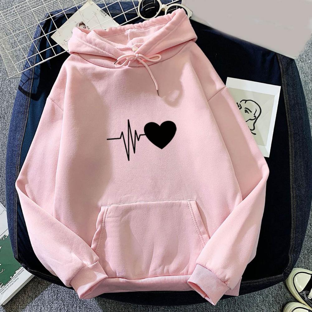 New Arrival Women Hoodie Drawstring Warm Pullover Heart Print Spring Hoodie