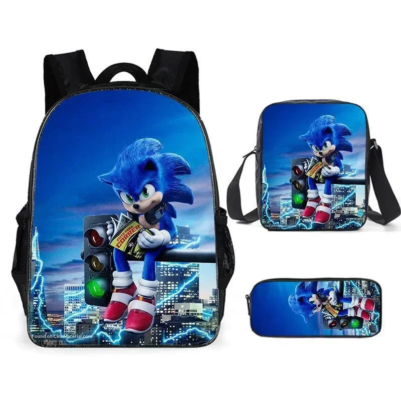 3PC-SET Sonic Backpack Primary and Middle School Students Schoolbag Boys Girls Anime Cartoon School Bag Mochila Zipper Shoulders