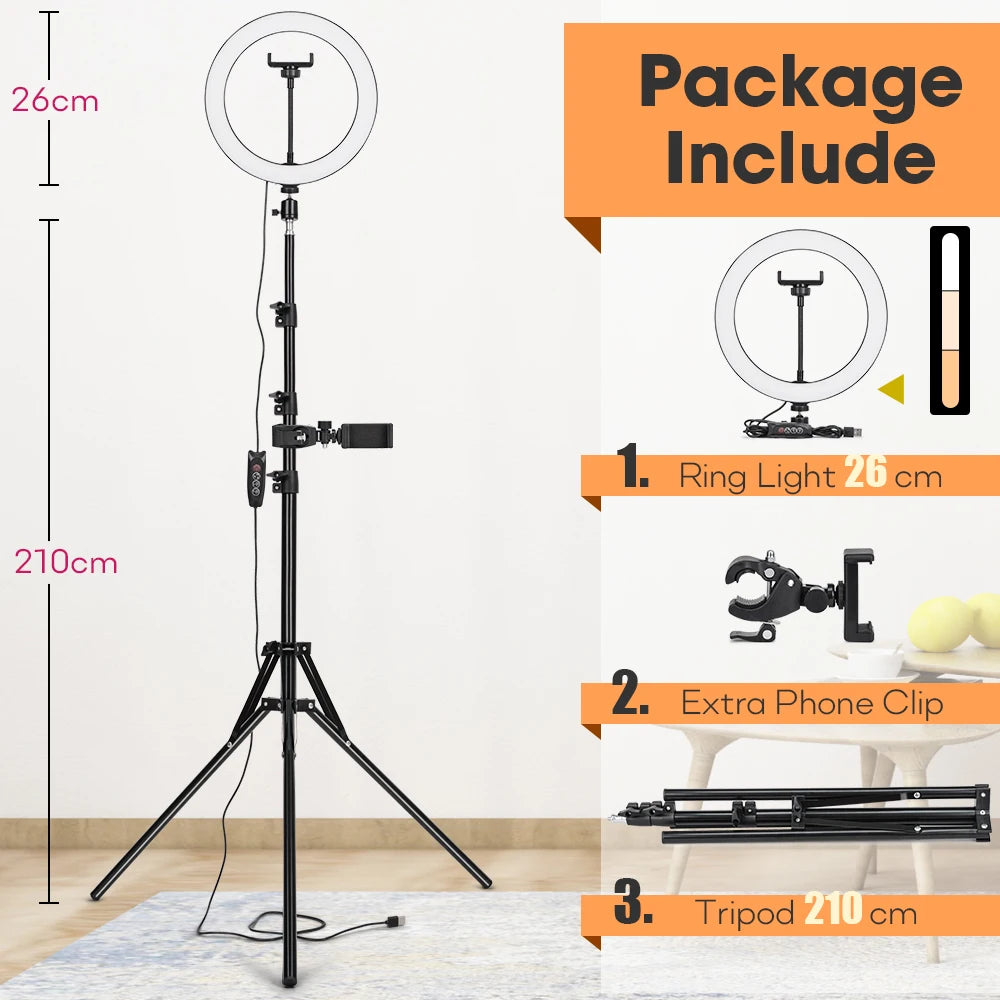 Tripod With LED Ring Light For Phone Tripod Camera Stand Selfie Photography Light LED Lamp Color Photo Studio For YouTube Live