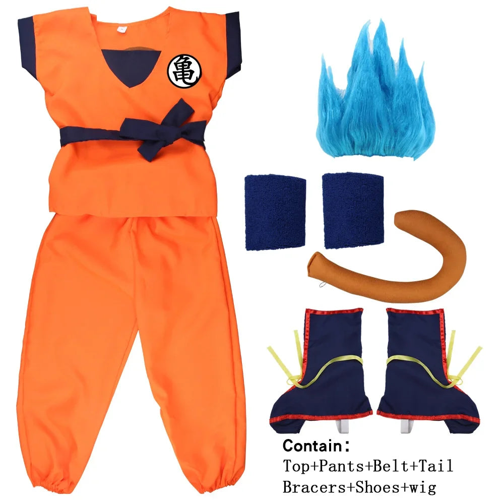 Son Goku Gui Carnival Anime Cosplay Holiday Costumes Tail  Wrister Wig Blue Gold Children Dress Up