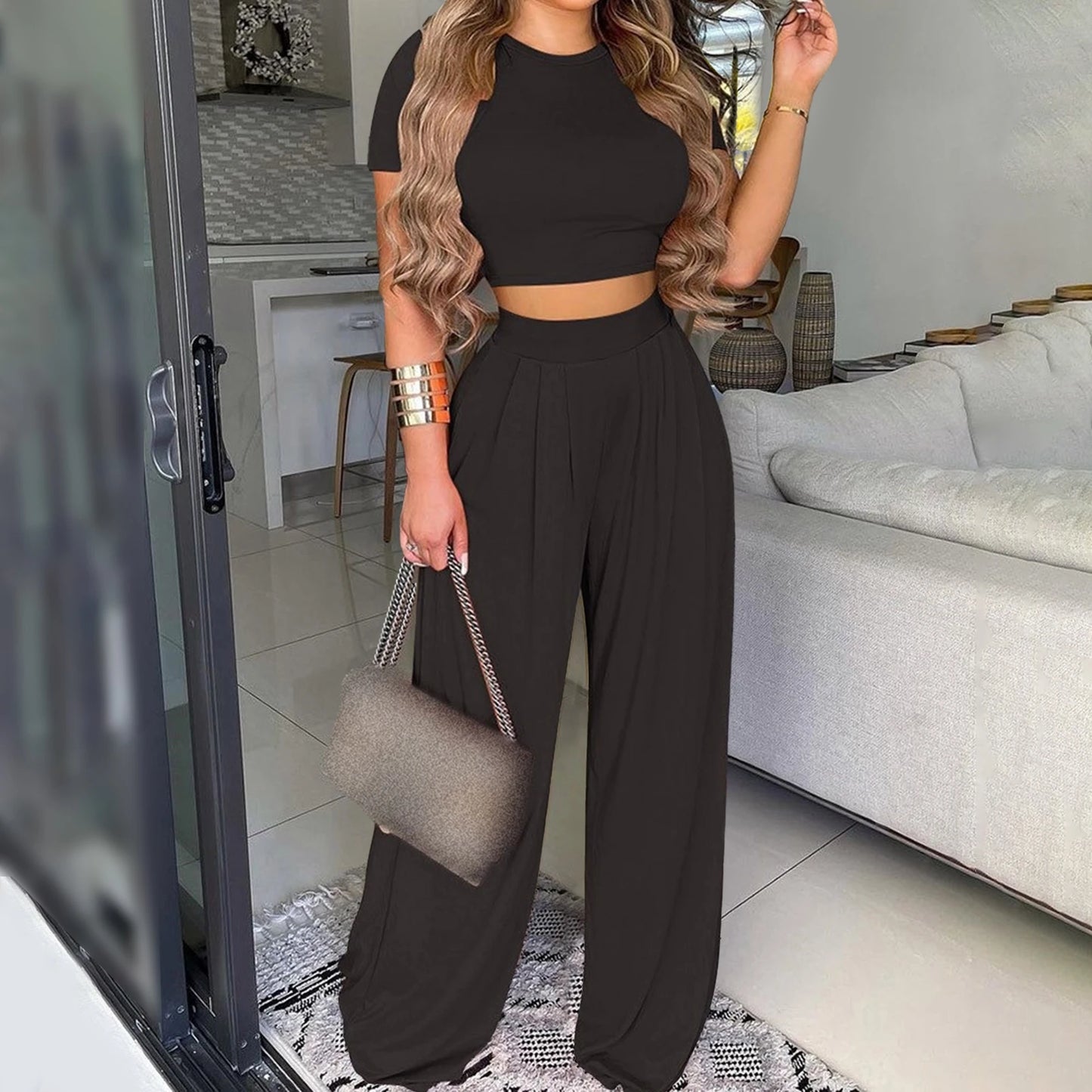 Elegant Summer Solid Casual Fitness Tracksuit Set Outfits Short Sleeve Crop Tops Trouser Flare Pants 2 Two Piece Set