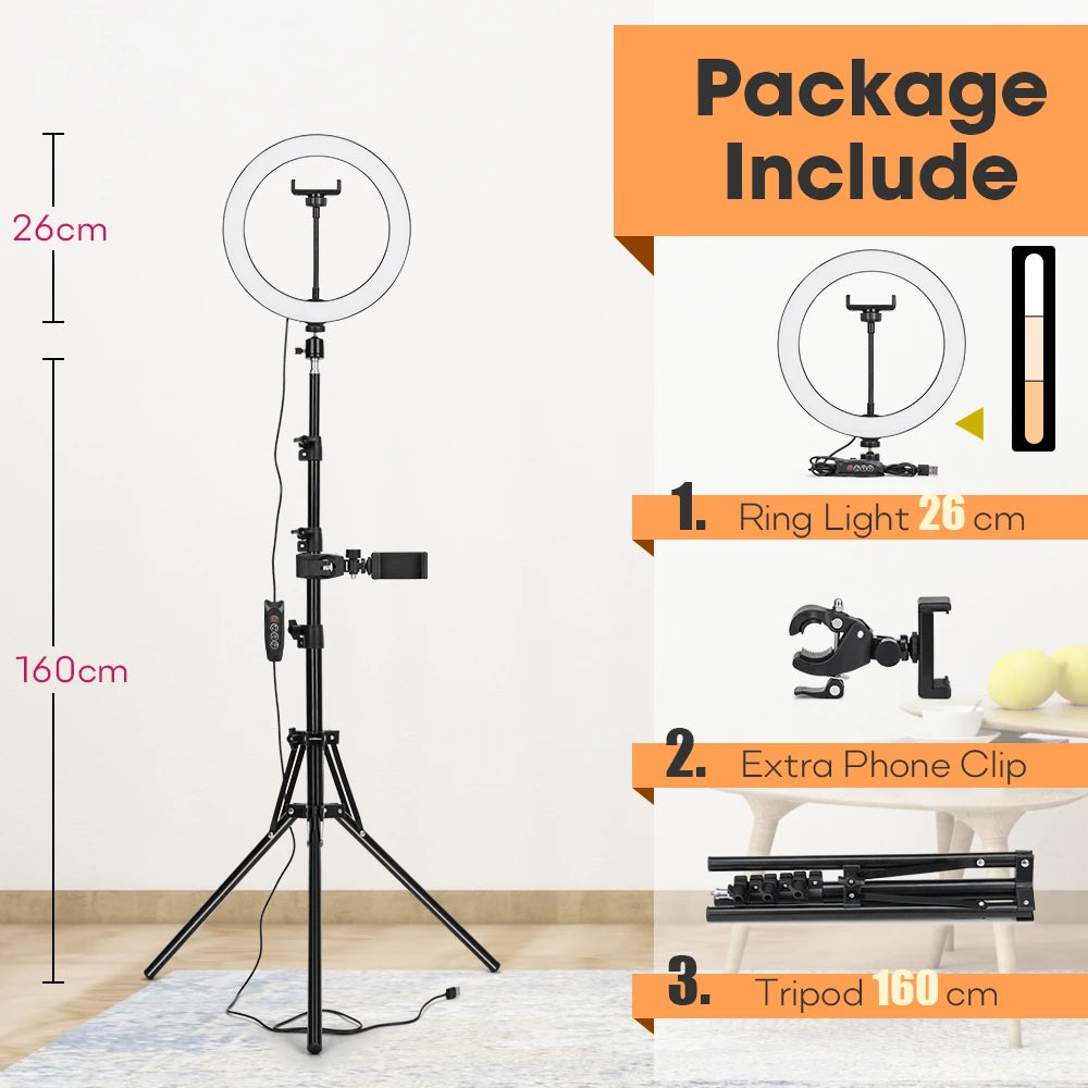 Tripod With LED Ring Light For Phone Tripod Camera Stand Selfie Photography Light LED Lamp Color Photo Studio For YouTube Live