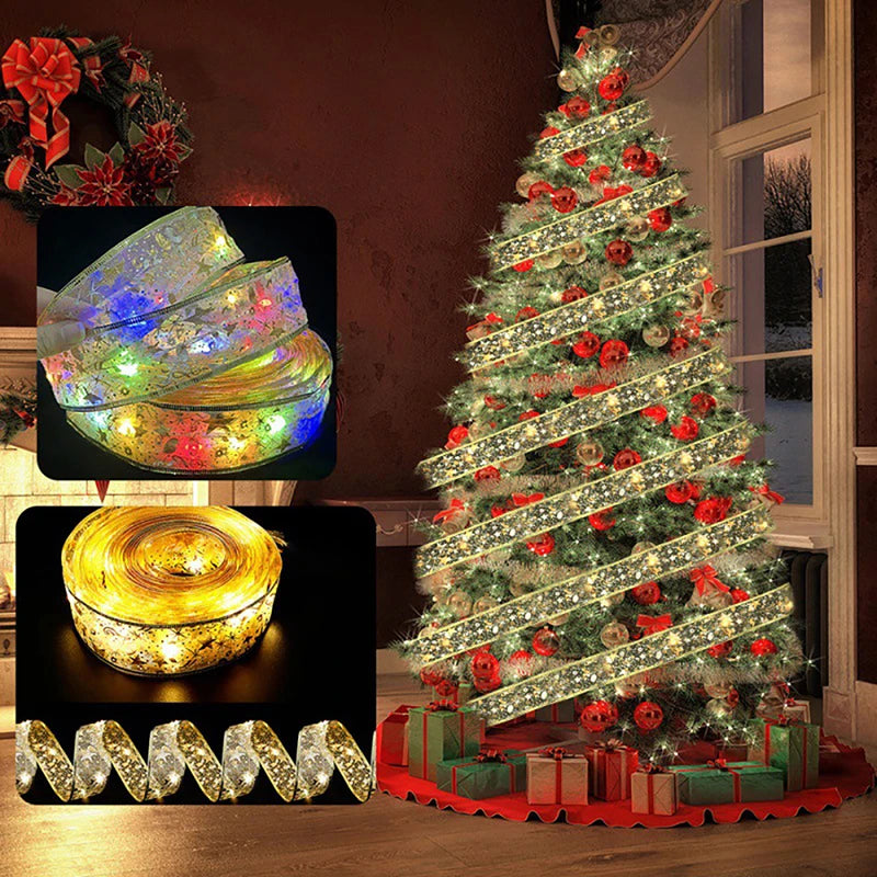 Christmas Decoration LED Ribbon Fairy Lights Christmas Tree Ornaments for Home 2023 DIY Bows Light String Navidad New Year 2024