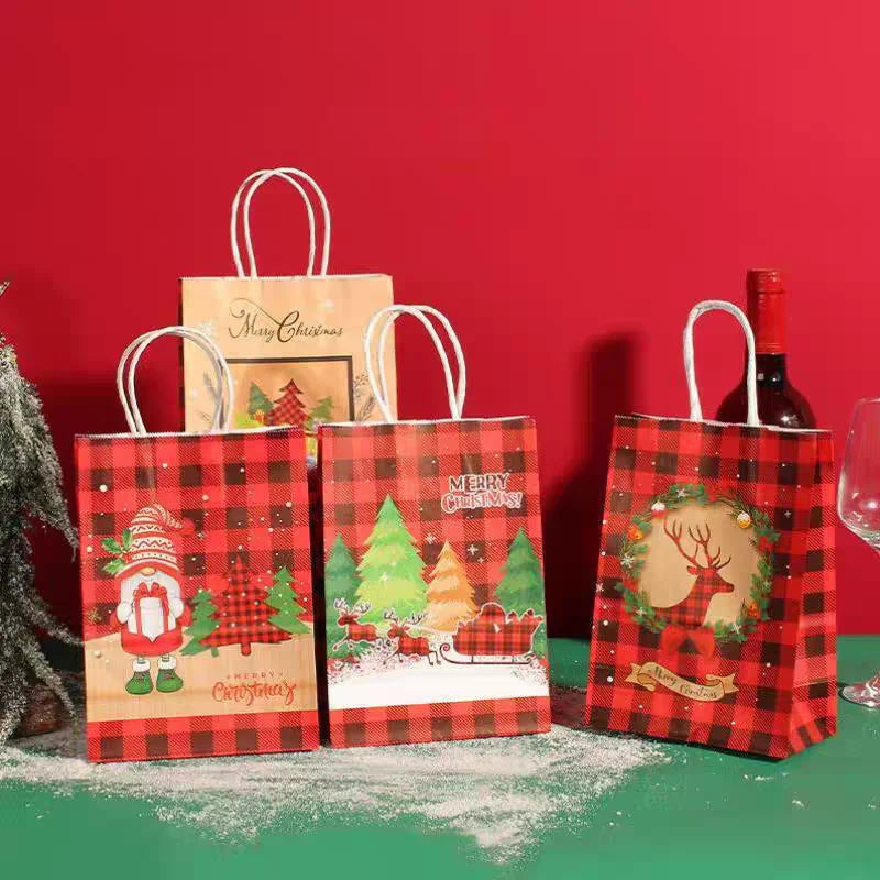 Christmas Kraft Paper Retro Grid Handheld Bag Santa Claus Gifts Box Party