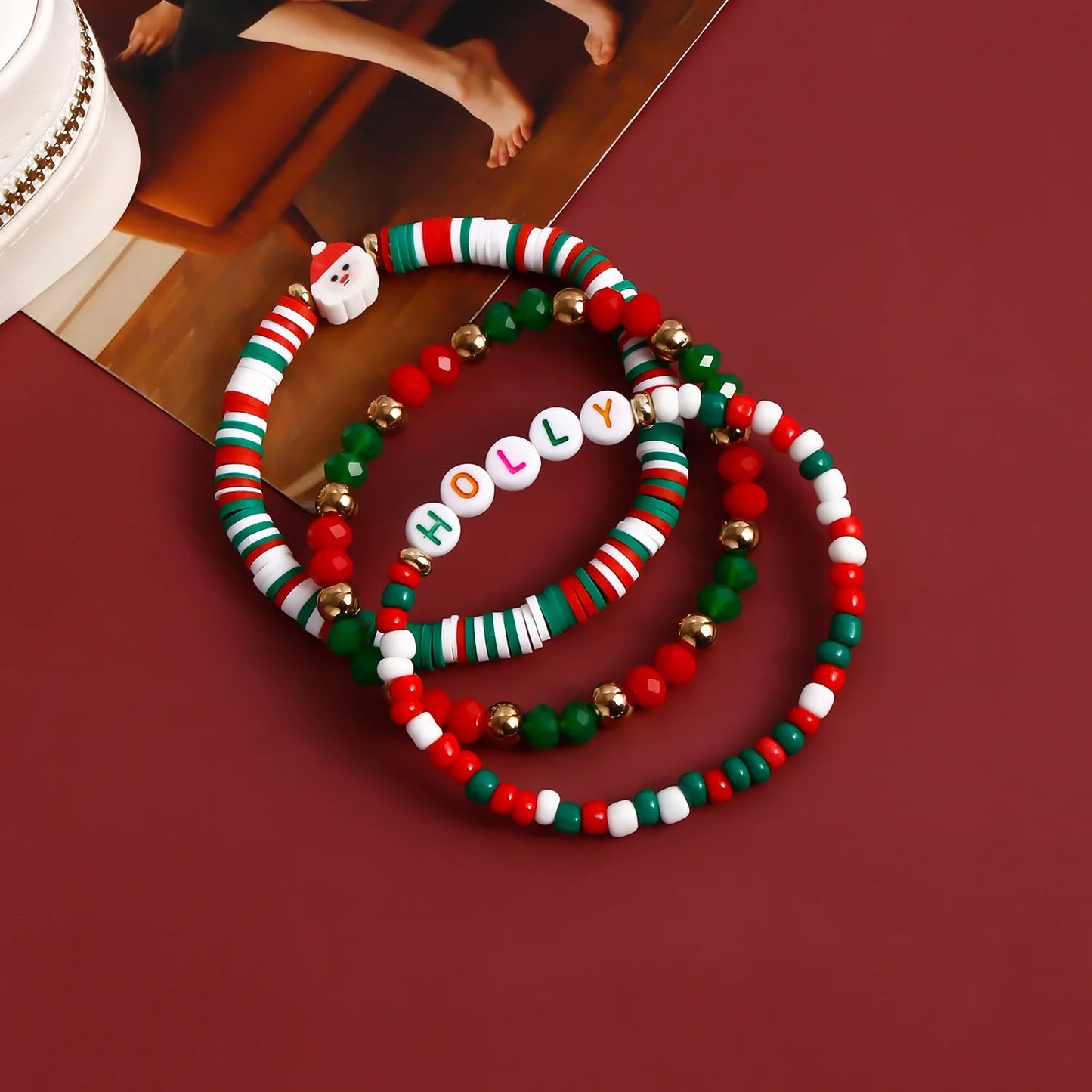 Y2K Polymer Clay Stackable Bracelet Set For Women Santa Claus Tree Elk Deer Snowflake Charm Beaded Bangle Christmas Jewelry