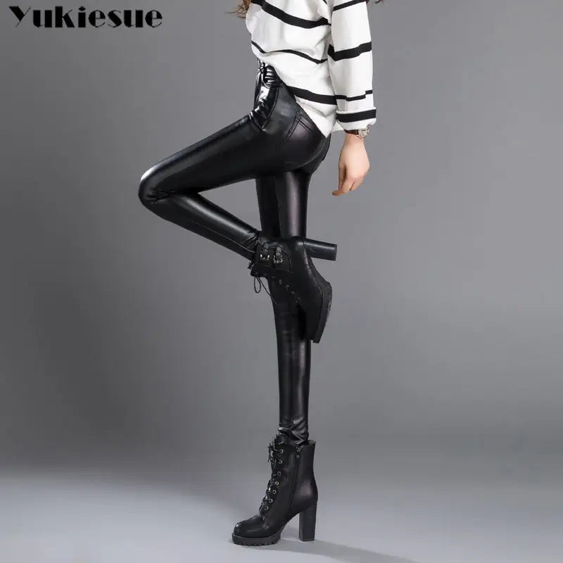 Autumn Winter women leather pants High elastic shiny trousers slim female pencil leather pants women