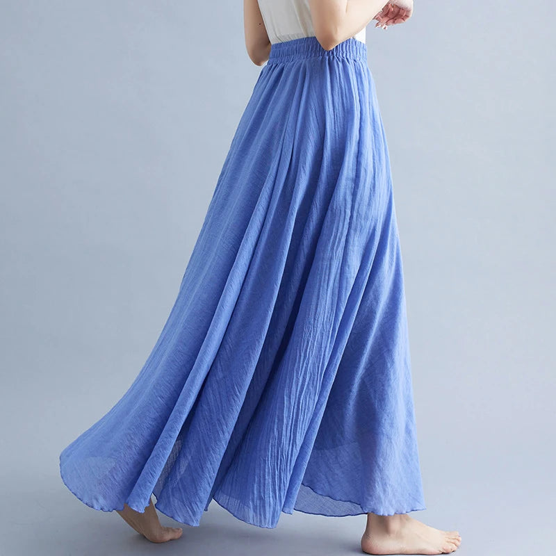 Women Linen Cotton Long Skirts Elastic Waist Pleated Maxi Skirts Beach Boho Vintage Summer Skirts