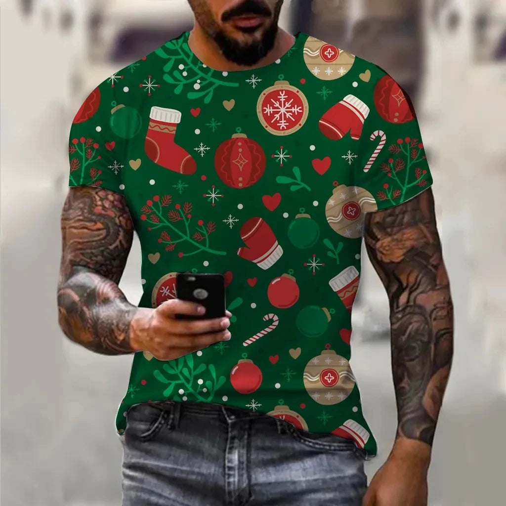 Hip Hop Men's Christmas Elf Santa Claus Printed T-shirt Fashion Trend Round Neck Loose Street