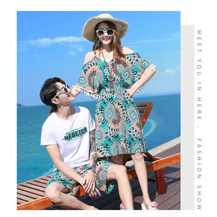 Family Matching Outfits Summer Beach Mother Daughter Floral Dresses Dad Son Cotton T-shirt & Shorts Couple Outfit Seaside