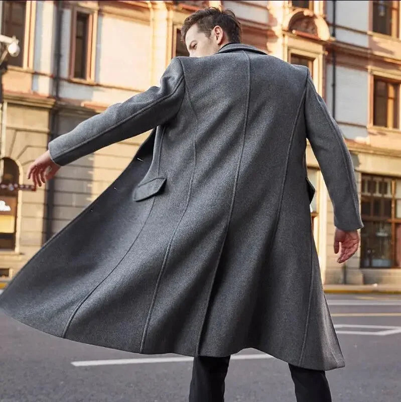 Autumn and Winter Casual Men's Clothing, British Style Woolen Overcoat, Korean Style Solid Color Long Windbreaker