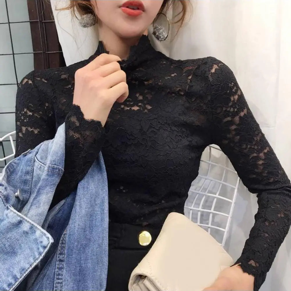 Half High Collar Lace Women Blouse Long Sleeves See-Through Sexy Lace Blouse Women Elegant  Crochet Hollow Floral Blouse Shirt