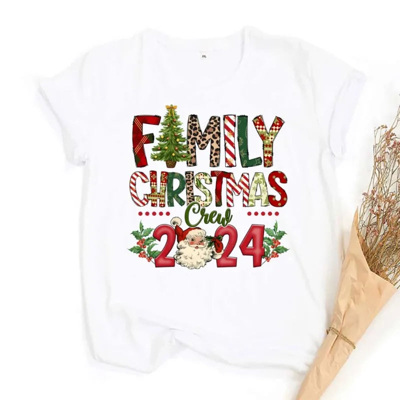 Christmas Day Set Family Christmas Crew Print Matching Outfits Short Sleeve Family Tees Shirt Outfit Holiday Casual Clothes