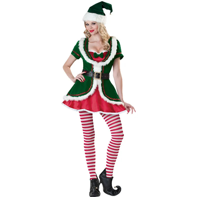 Men and Women Christmas Cosplay Santa Claus Couple Costume Green Elf Halloween Party