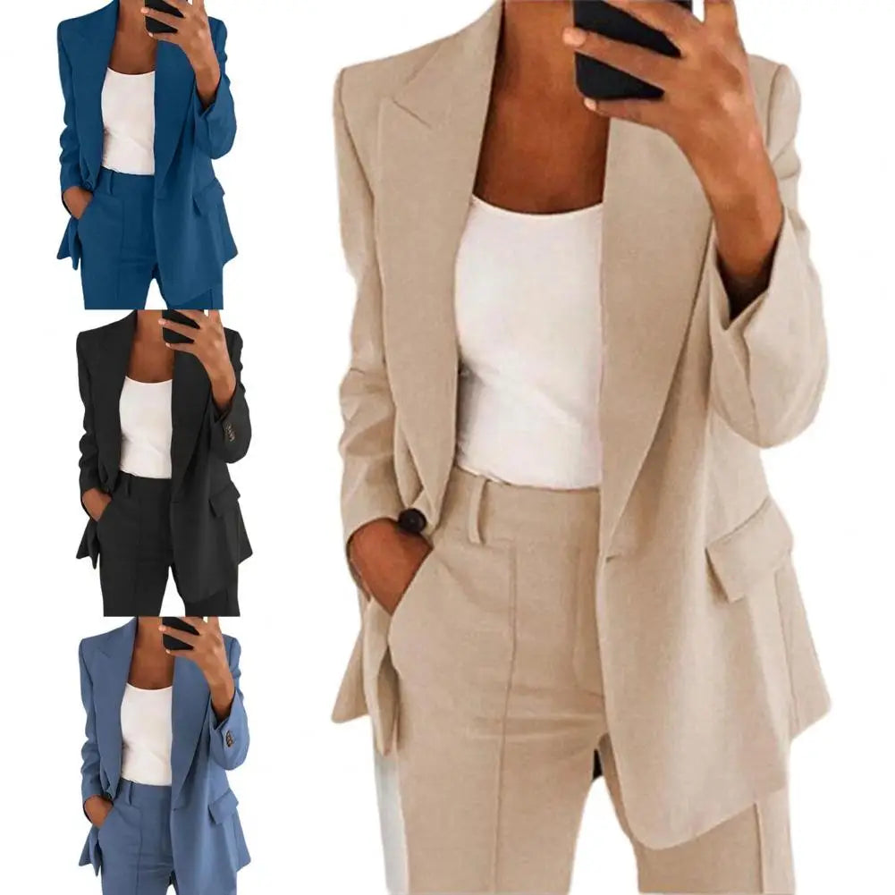 ElWomen Suit Jacket Solid Color Turndown Collar Long Sleeve Buttons Blazer Outerwear