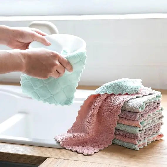 5/10pcs Kitchen Dishcloth Coral Velvet Towel Super Absorbent Wave Design Wipe Nonstick Oil Microfibre Thickened Rags Fast Drying