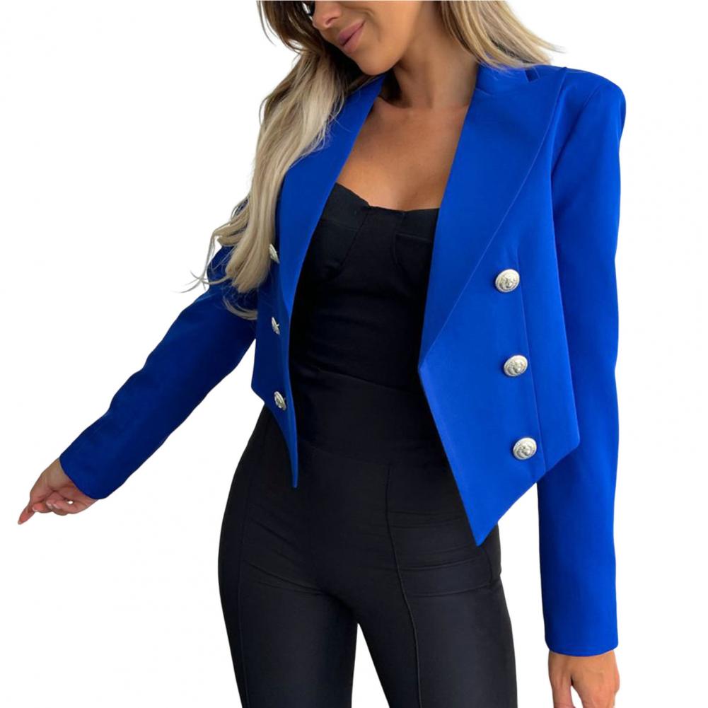 Stylish Women's Blazer with Double-Breasted Placket Lapel Short Solid Color Suit Jacket for Office Ladies Fashion