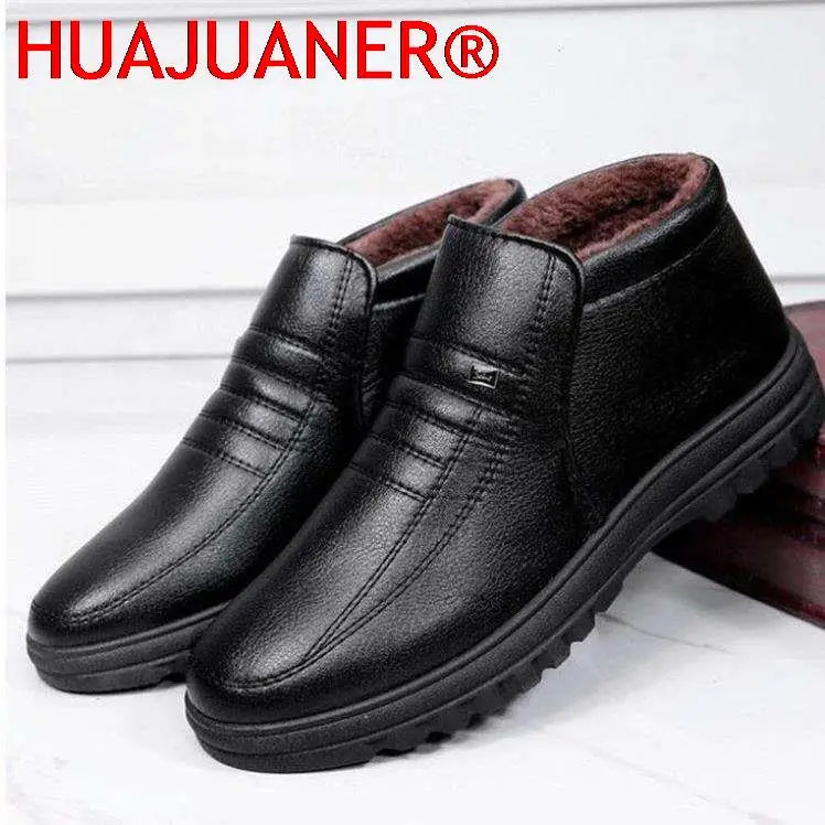 Waterproof Men's Casual Leather Shoes Flannel High Top Slip-on Male Casual Shoes Rubber Warm Winter Shoes for Mens