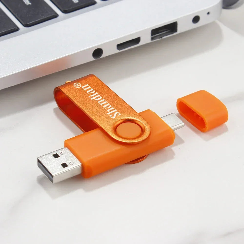 Orange TYPE-C 2in1 USB 2.0 Flash Drives 128GB Pen drive 4GB 32GB U disk 64GB High speed Memory stick with key chain Waterproof