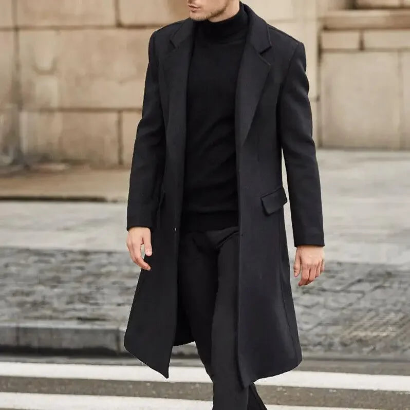 Autumn and Winter Casual Men's Clothing, British Style Woolen Overcoat, Korean Style Solid Color Long Windbreaker