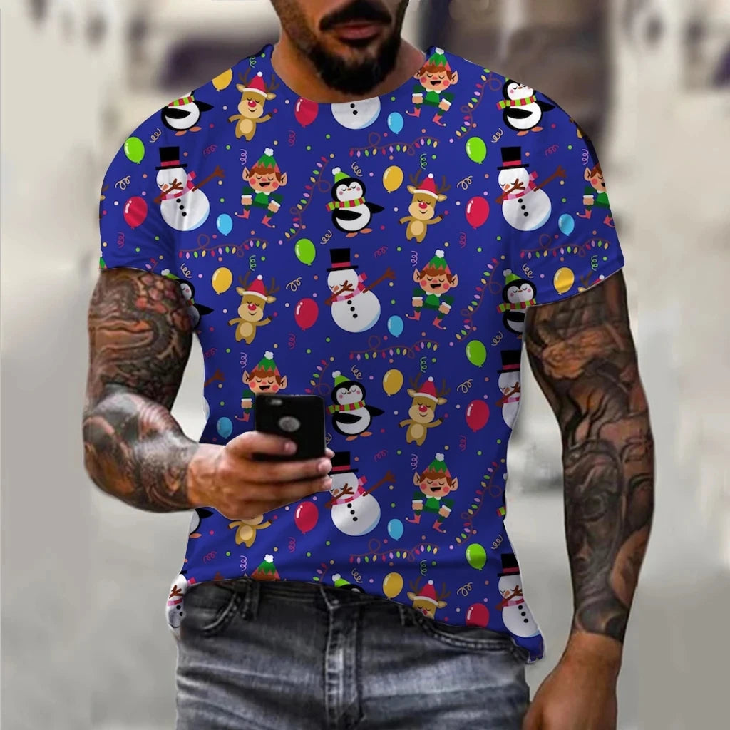 Men's Christmas Elf Santa Claus Printed T-shirt Fashion Trend Round Neck Loose Street Party Men's Round