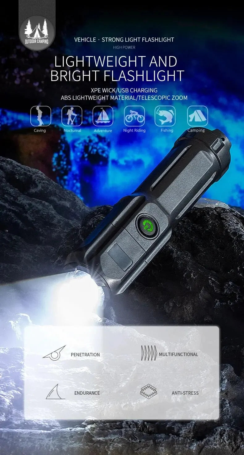 Strong LED Flashlights Telescopic Zoom Tactical Torch USB Portable Spotlight Long-Range Camping Flashlight