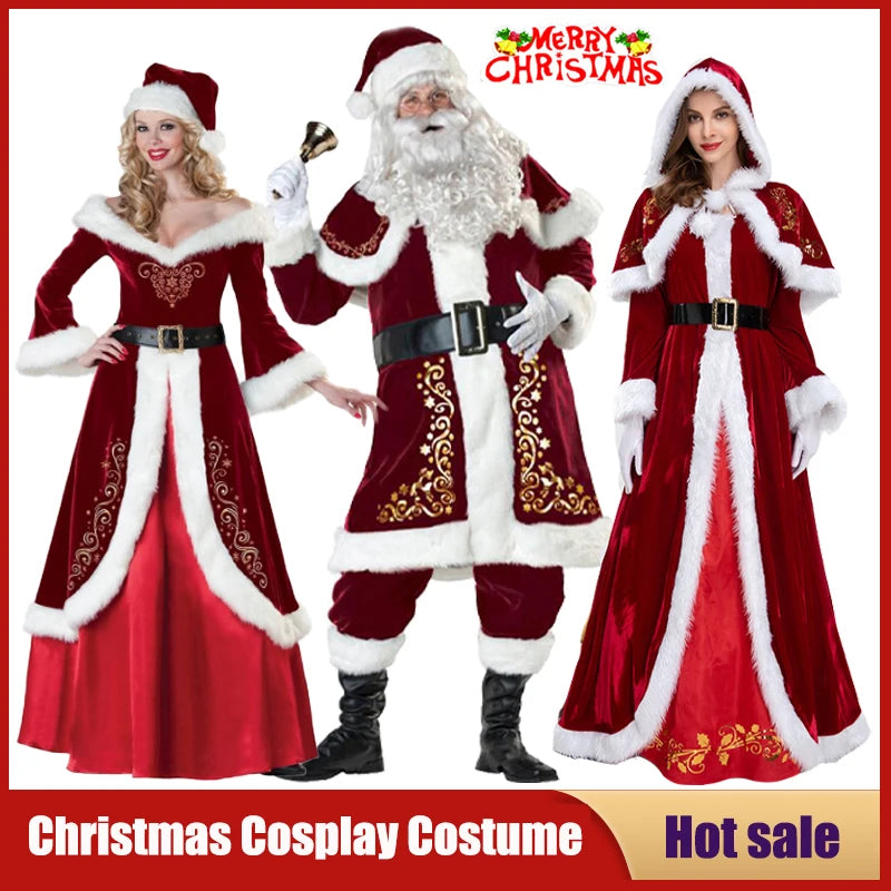 Christmas Santa Claus Costume Red Velvet Lady Elegant Long Dress Xmas For Man Woman