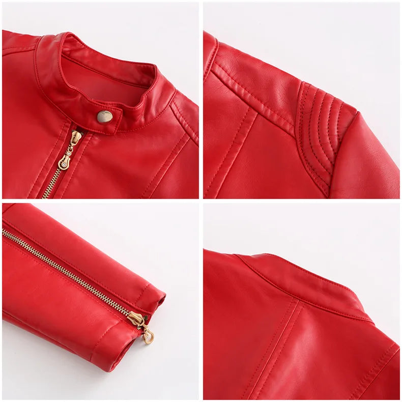 Leather Women Coat Full Sleeve Round Neck Slim Fit Solid Sexy Regular Jackets Zipper Casual Jacket