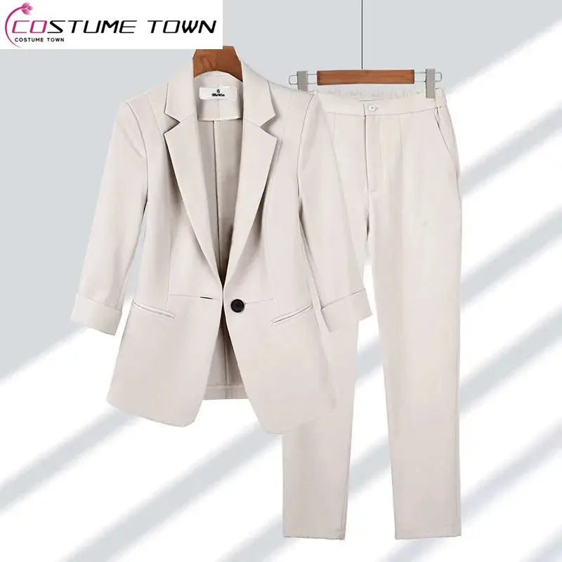 Summer Jacket Blazer Casual Wide Leg Pants Two Piece Elegant Women's Pants Set Office Outfits Business Clothing