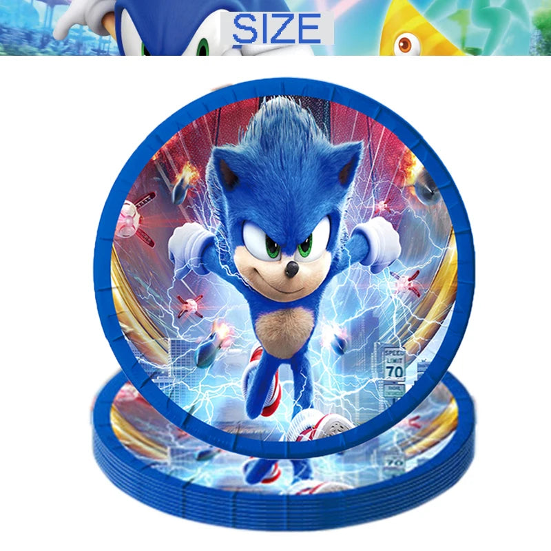 Kit Sonic Party Supplies Boys Birthday Party Paper Tableware Set Paper Plate Cup Napkins Baby Shower Decorations Sonic Gift Bags