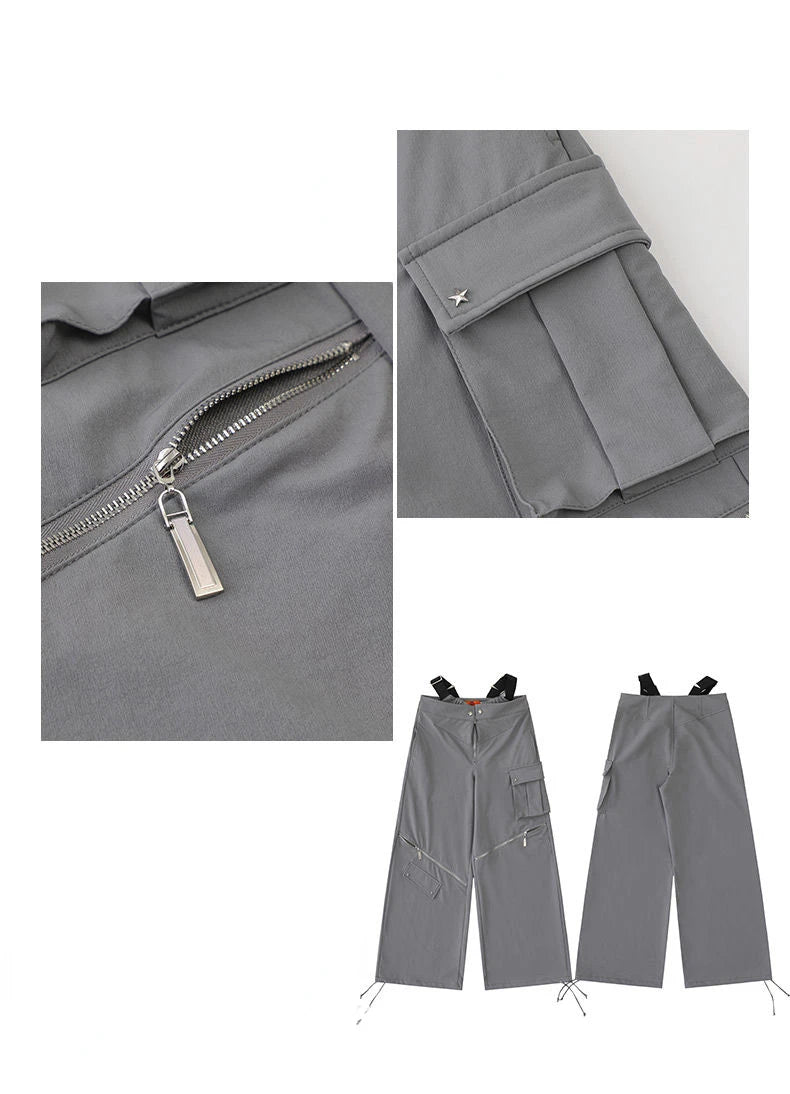 Grey Cargo pants female summer casual original retro multi zip pocket two wear design drawstring casual oversized trousers women