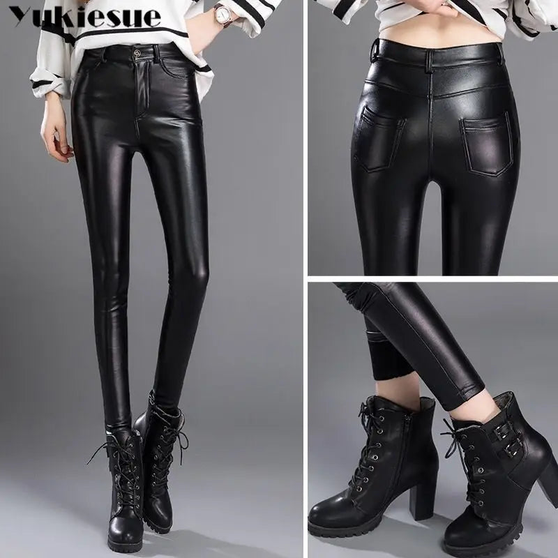 Autumn Winter women leather pants High elastic shiny trousers slim female pencil leather pants women