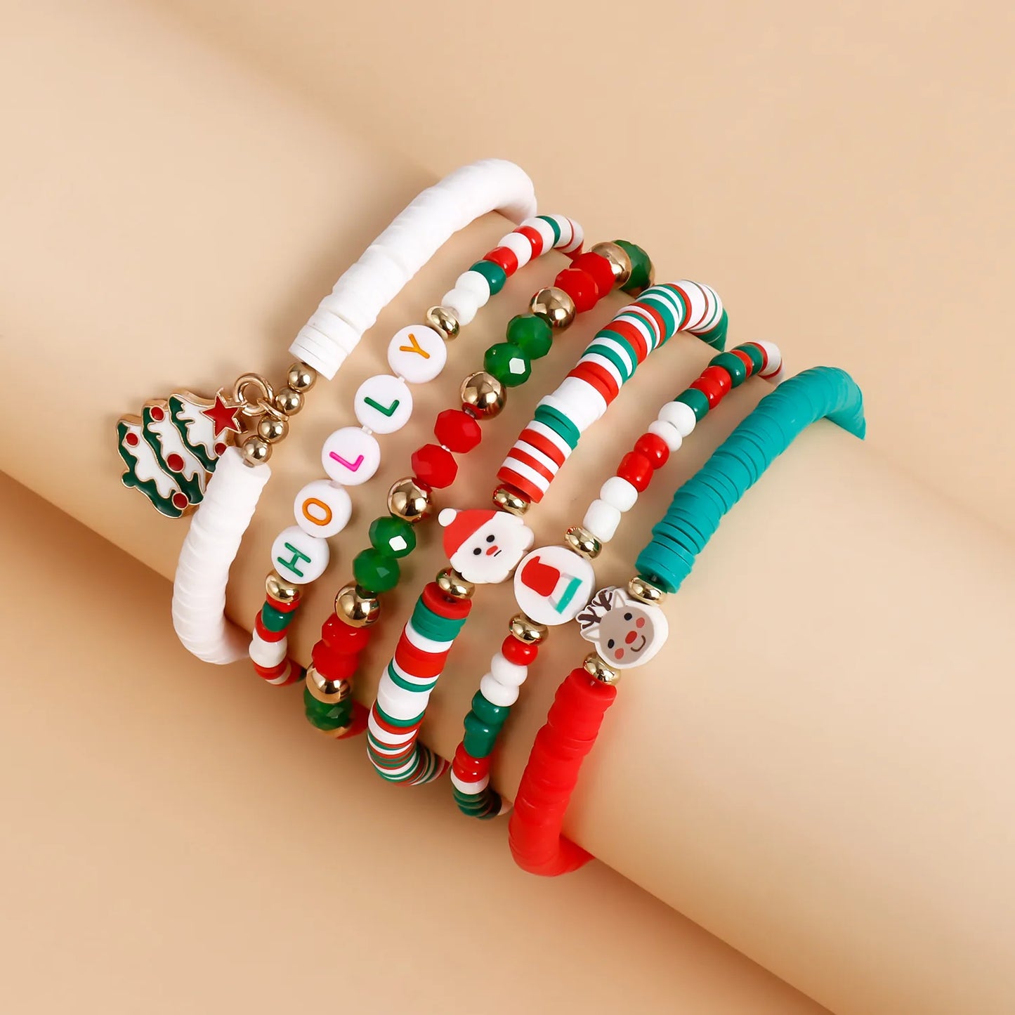 Y2K Polymer Clay Stackable Bracelet Set For Women Santa Claus Tree Elk Deer Snowflake Charm Beaded Bangle Christmas Jewelry