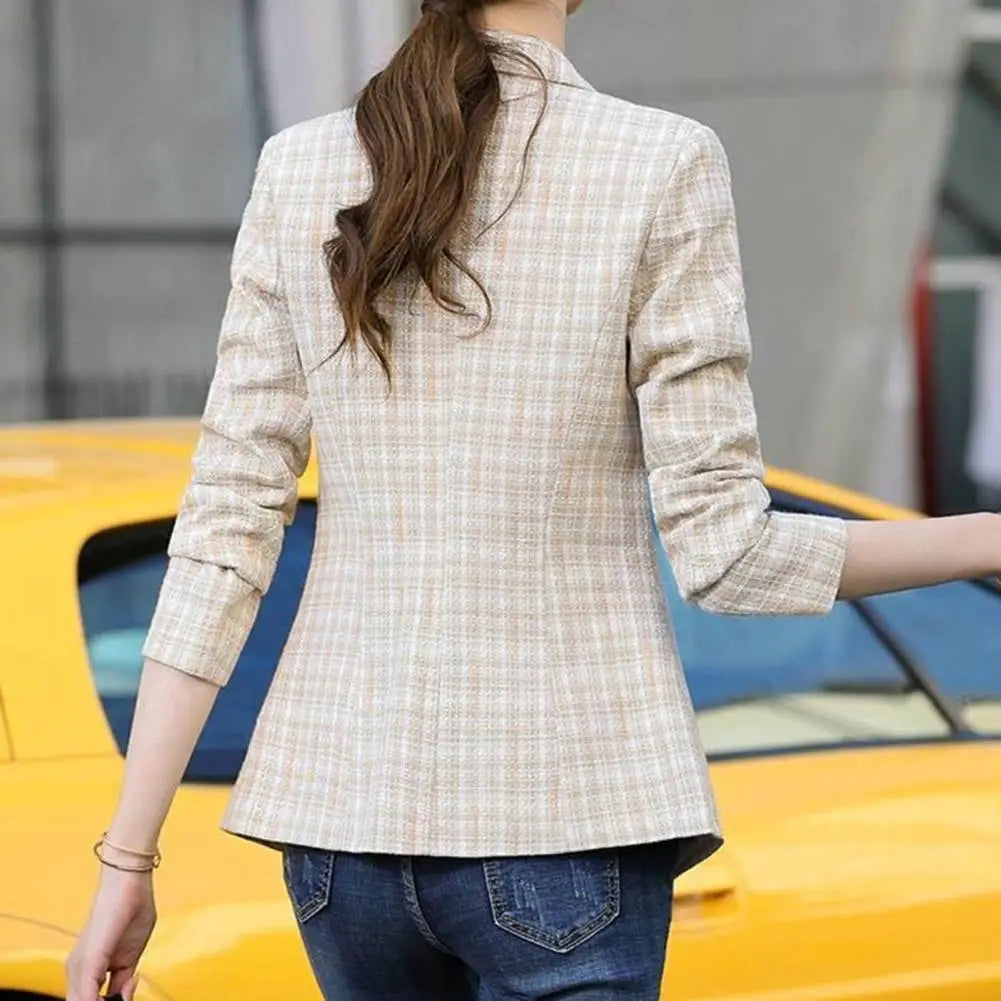 Women Blazer Cardigan Contrast Color Long Sleeves Warm Business Anti-wrinkle Autumn Coat for Work