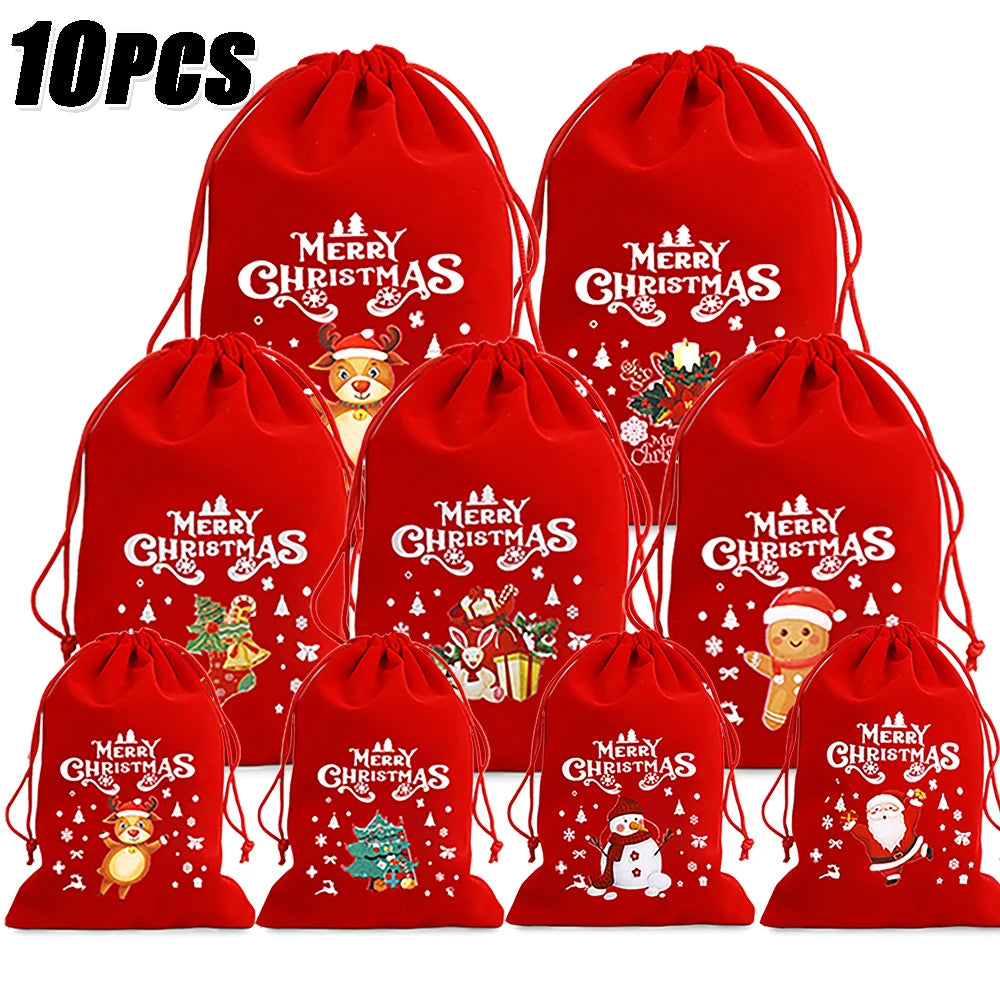 10/1Pcs Red Christmas Velvet Bags Drawstring Santa Gift Pouch Candy Snack Wrapping Bag Christmas Wedding Party Favors Decoration