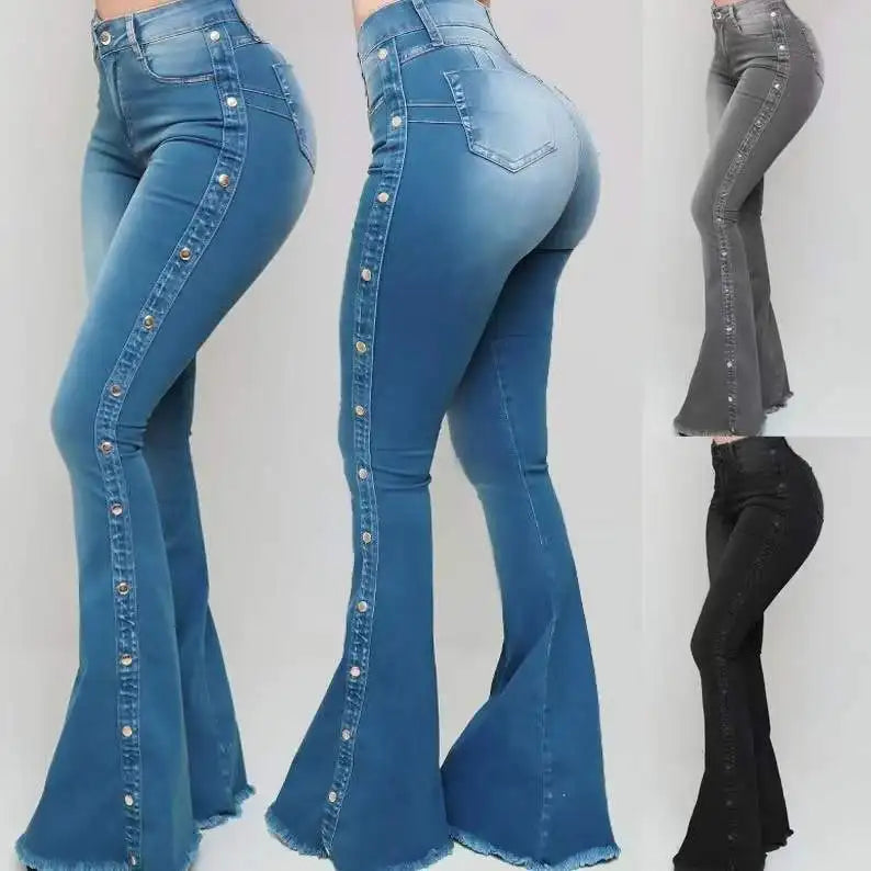 High Waist Flare Elegant Wide Leg Women Jeans Pant Long Pants Hollow Out Blue Elegant