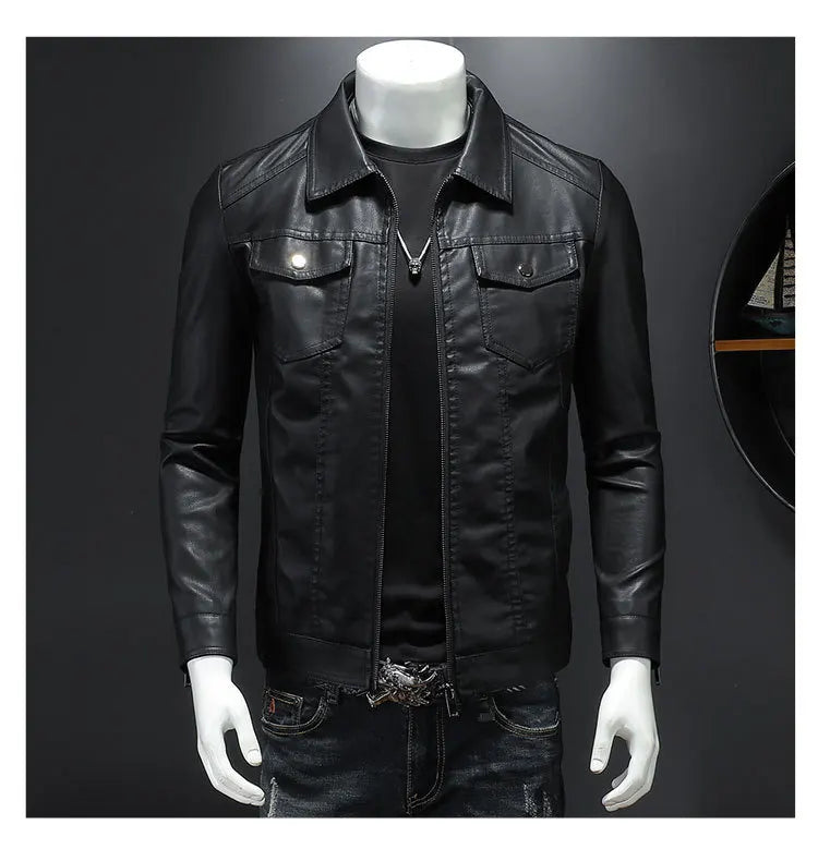 Men's Motorcycle Leather Jacket Large Size Pocket Black Zipper Lapel Korean Slim Fit Male High Quality PU Leather Coat for Men