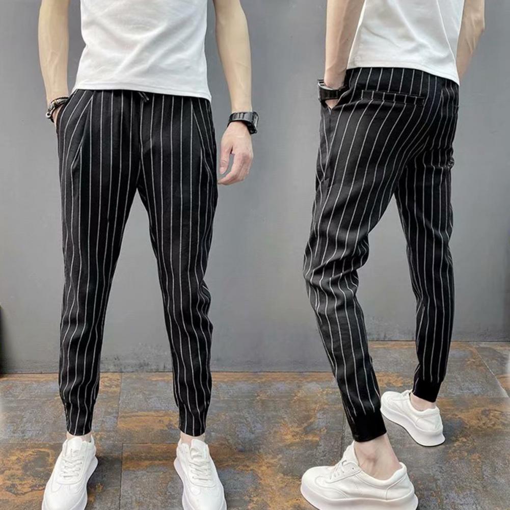 Men Harem Pants Striped Drawstring Elastic Waist Slim Fit Streetwear