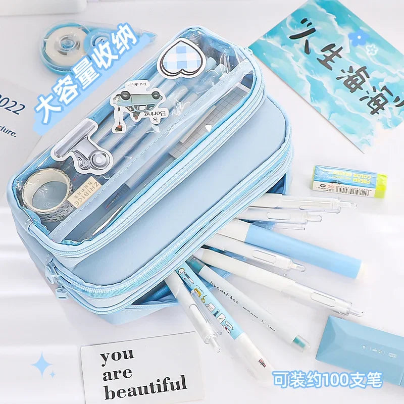 Chic Solid Color Pencil Case Korean Simplicity Transparent Pen Pouch Large Capacity Stationery Organizer Bag School Supplies