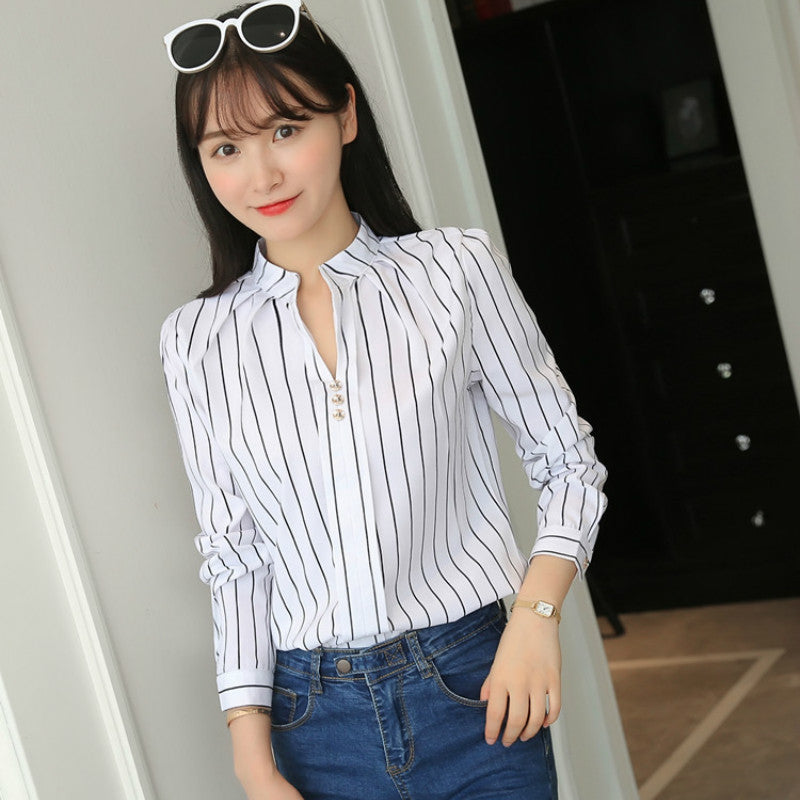 Women White Tops and Blouses Fashion Stripe Print Casual Long Sleeve Office Lady Work Shirts Female Slim Blouses